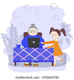 An elderly woman and a little girl are working with a computer. The girl helps her grandmother to master the computer. Online education for retirees. Vector color image. Flat style.