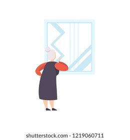 Elderly woman looking at the picture hanging on the wall, exhibition visitor viewing museum exhibit at art gallery, back view vector Illustration on a white background