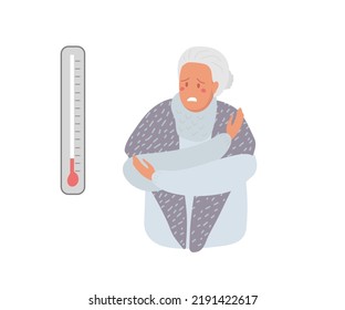 Elderly woman looking at thermometer and freezes. Senior woman escapes from cold, hugs herself with her hands, trying to keep warm. Mature lady wears warm shawl or winter handkerchief. Flat vector.