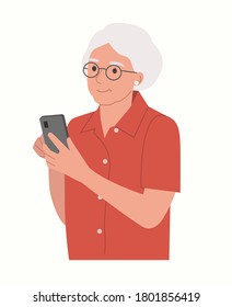 Elderly woman looks into the smartphone. Vector flat style  illustration