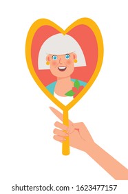 Elderly woman looks in the mirror. Self love and body positive, beautiful old age.