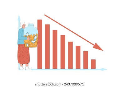 Elderly woman lose money. Senior lady with graph of declining equity returns isolated on white background. Retirement savings. Bad finance investment for aged person. Vector flat illustration.