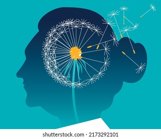 Elderly woman lost pieces of his head like Dandelion seeds in the wind. Dementia Alzheimer, memory loss and losing part of brain concept. Elderly woman. Female subject. Vector illustration