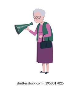 Elderly woman with a loudspeaker. Color vector illustration in a flat style.