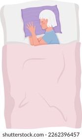 Elderly woman lying on bed comfortably semi flat color vector character. Editable figure. Full body person on white. Simple cartoon style illustration for web graphic design and animation