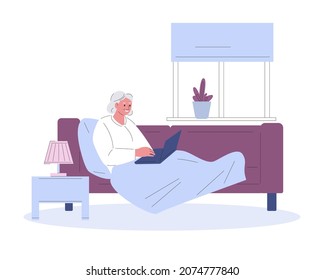 An elderly woman is lying on the couch with a laptop. Vector illustration in flat style.