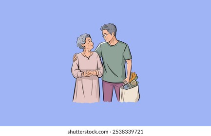 Elderly woman and man bonding with grocery bag in hand.