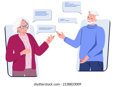 Una anciana y un anciano se comunican usando una videollamada en un smartphone. Padres. Una pareja mayor habla, chatea, envía mensajes, chismes en las redes sociales. Ilustración vectorial plana