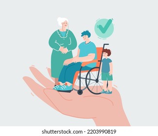 Elderly Woman, Man With Disability And Kid In Caring Hand. Protection Of Vulnerable People Flat Vector Illustration. Care, Help, Assistance Concept For Banner, Website Design Or Landing Web Page