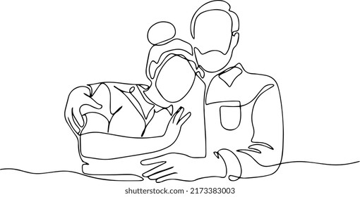 Elderly woman and man embrace each other. One line vector illustration.
