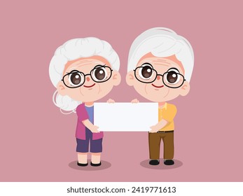 Elderly woman and elderly man holding white placard. Cartoon chibi cute character people vector.