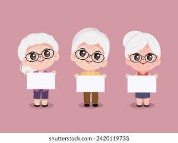 Elderly woman and elderly man holding white placard. Cartoon chibi cute character people vector.