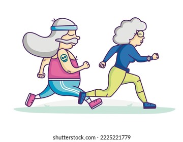 an elderly woman and a man are jogging. vector illustration. sticker.