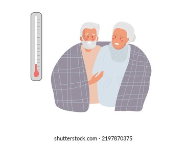 Elderly woman and man looking at thermometer and freezes. Elderly people try to keep warm under blanket. Suffering from cold. Dissatisfied Senior woman and man having problem with central heating