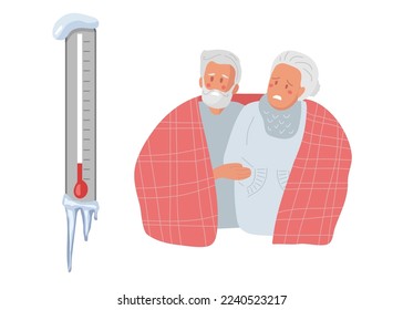 Elderly woman and man looking at thermometer and freezes. Elderly people try to keep warm under blanket. Suffering from cold. Dissatisfied Senior woman and man having problem with central heating. 