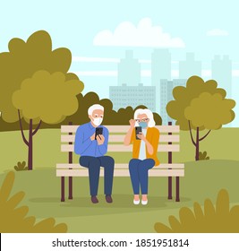Elderly woman and man in masks are sitting on the bench with smartphones in the park. Vector flat cartoon style illustration