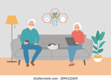 Elderly woman and man on comfortable sofa and using laptop and smartphone at living room. Vector flat style illustration