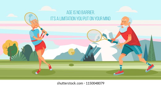 An elderly woman and an elderly man playing tennis in the fresh air.  They lead a healthy and active lifestyle. Vector illustration in cartoon style.