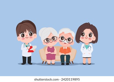 elderly woman and elderly man see doctor to health check up at hospital. Cartoon chibi cute character people vector.