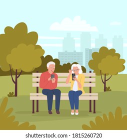 Elderly woman and man are sitting on the bench with smartphones in the park. Vector flat cartoon style illustration