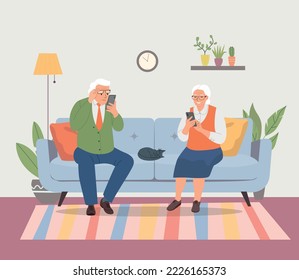 Elderly woman and man sitting on the sofa with smartphones. Vector flat illustration