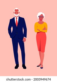 An Elderly Woman And A Man Are Standing At Full Height. Stylish Grandparents Are Smiling. Happy Old Age. Vector Flat Illustration