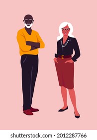 An elderly woman and a man are standing at full height. Stylish grandparents are smiling. Happy old age. Vector flat illustration