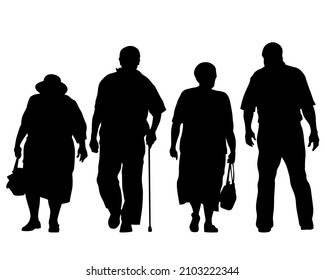 Elderly woman and man with a stick is walking down the street. Isolated silhouette on a white background
