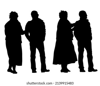 Elderly woman and man with a stick is walking down the street. Isolated silhouette on a white background
