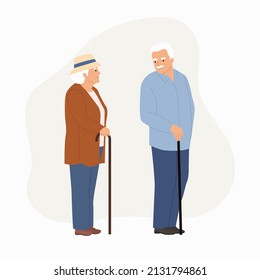 Elderly woman and man with walking stick stand behind each other. Vector cartoon flat style illustration