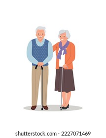 Elderly woman and man with walking stick isolated. Vector flat style illustration