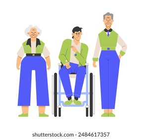 An elderly woman, a man in a wheelchair, and an elderly man standing together. Inclusivity, aging, and family support, emphasizing care for the elderly and people with disabilities. Vector flat.