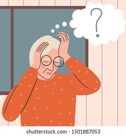 Elderly woman with memory loss portrait. Old woman trying to remember something. Alzheimer's symptom. Flat vector illustration