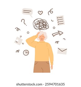 Elderly woman with memory loss problem. Alzheimer disease concept. Upset Confused grandmother with Dementia or Parkinson Disease. Confused senior female struggle. Vector flat style illustration.