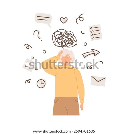 Elderly woman with memory loss problem. Alzheimer disease concept. Upset Confused grandmother with Dementia or Parkinson Disease. Confused senior female struggle. Vector flat style illustration.