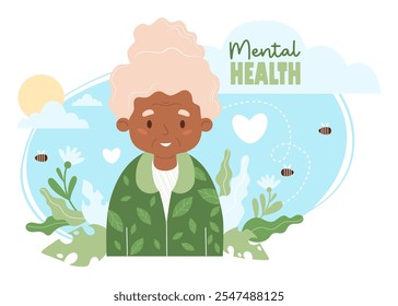 Elderly Woman Mental Health. Happy old ethnic lady surrounded by nature elements, wellness for seniors with calming aesthetic, harmony, therapy and environment. Ecology lifestyle. Vector illustration