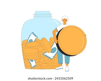 Elderly woman with money. Retirement savings. Finance for aged person. Pension plan. Vector flat illustration.