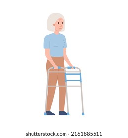 Elderly woman moves using an orthopedic walker, flat vector illustration isolated on white background. Orthopedic equipment for people with immobility.