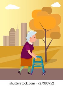 Elderly woman moving with help of front-wheeled walker in city park at sunset vector illustration. Poster dedicated national grandparents day