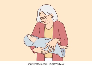 Elderly woman with newborn grandson smiles rejoicing at birth of new family member. Gray-haired grandmother with newborn grandson wrapped in blanket for concept of generational succession