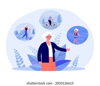 Elderly woman Nordic walking, riding bicycle and swimming. Old lady with active and happy life flat vector illustration. Healthy lifestyle, sports concept for banner, website design or landing page
