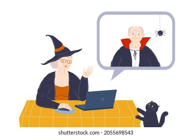 elderly woman and old man in Halloween costumes on dating site. Remote, social distance, online dating. Witch and vampire. Stock vector illustration isolated on white. 