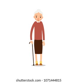 Elderly woman. Old woman stand and rests on a cane. Illustration isolated on white background in flat style. Full length portrait of old ladie, senior or grandmother.
