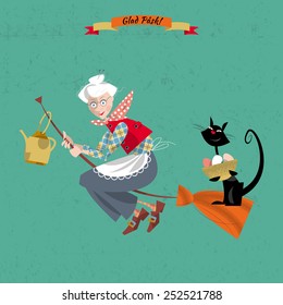 An elderly woman on a broomstick with a cat and a kettle. Scandinavian Easter. Glad Pask! Vector illustration