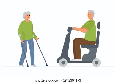 An elderly woman on crutches and a gray-haired disabled man in an electric wheelchair. Visiting relatives.