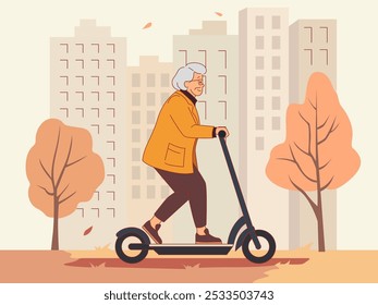 Mujer mayor en paseos de la vespa electrónica en ciudad. El pensionista senior usa gadgets al aire libre y moderno utiliza transporte ecológico. Concepto de Vector aislado de estilo plano de dibujos animados de personaje feliz