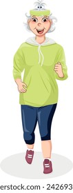 Ältere Frau beim Joggen. Frau mittleren Alters im Cartoon-Stil. Vektor, Rentner, Sport, Jogger, Joggen, Workout, Bewegung, Sport Workout. Vektorgrafik