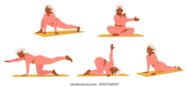 Ältere Frau auf Matte in verschiedenen Yoga-Posen. Alte Frauenfigur praktiziert Asana mit fröhlichem Gesichtsausdruck und ausgeglichenen Gesten Create Schöne Bewegungskunst. Cartoon Menschen Vektorillustration