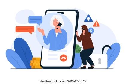 Elderly woman on mobile phone screen talking to scammer, scam and phishing vector illustration. Cartoon unknown robber in mask calls grandmother to steal money, personal financial information