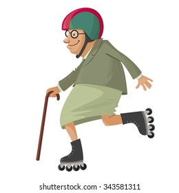 elderly woman on roller skates, vector cartoon